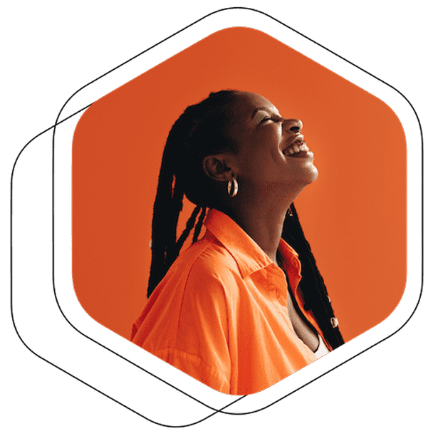 woman looking up and smiling